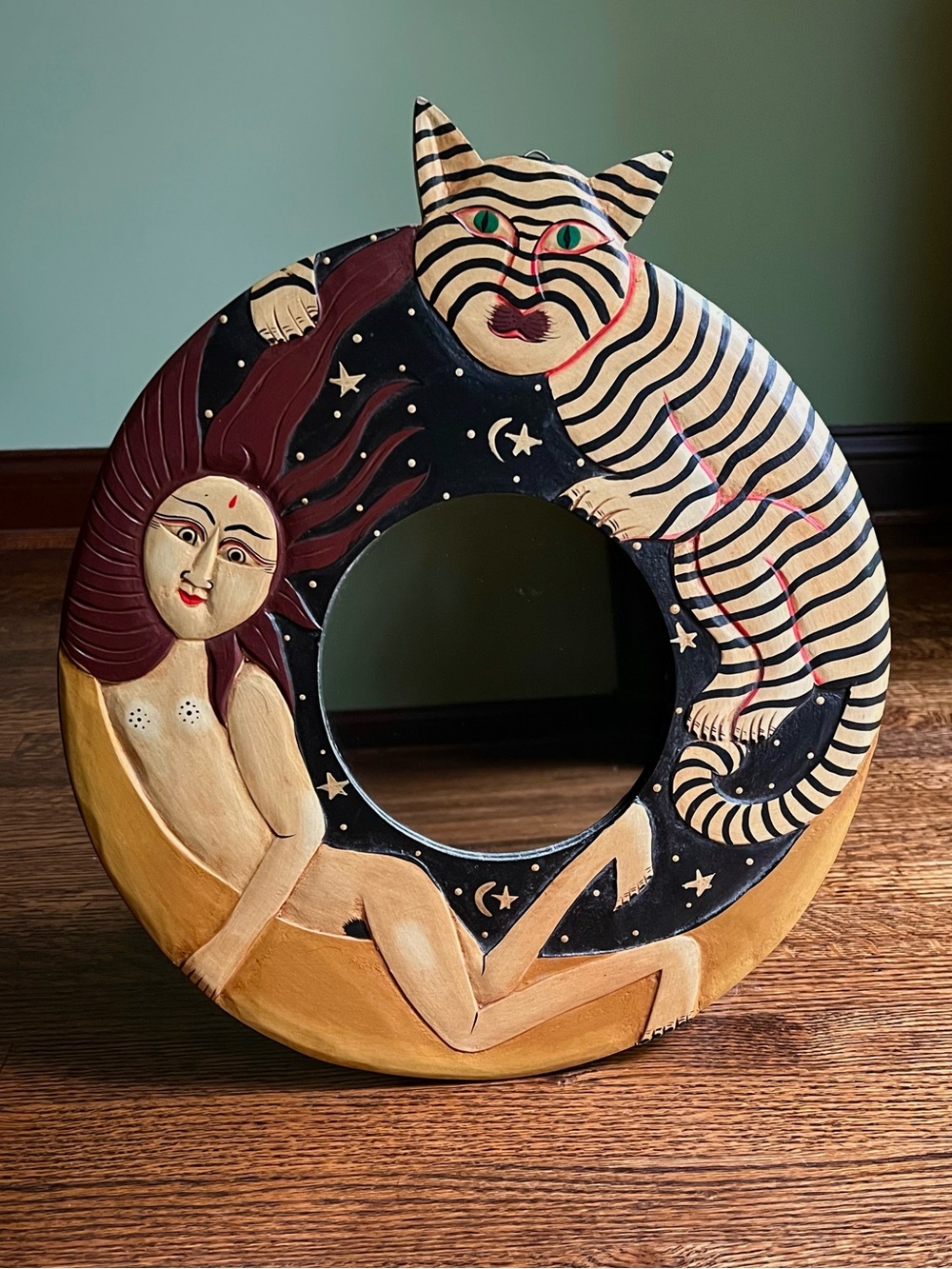 Vintage Tiger Goddess Mirror, Handmade Painted Folk Art Mirror, Celestial